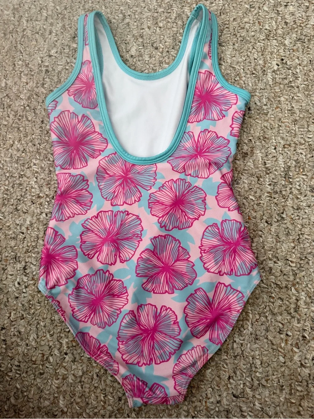 Girls Pink Floral One-Piece Swimsuit with Aqua Trim